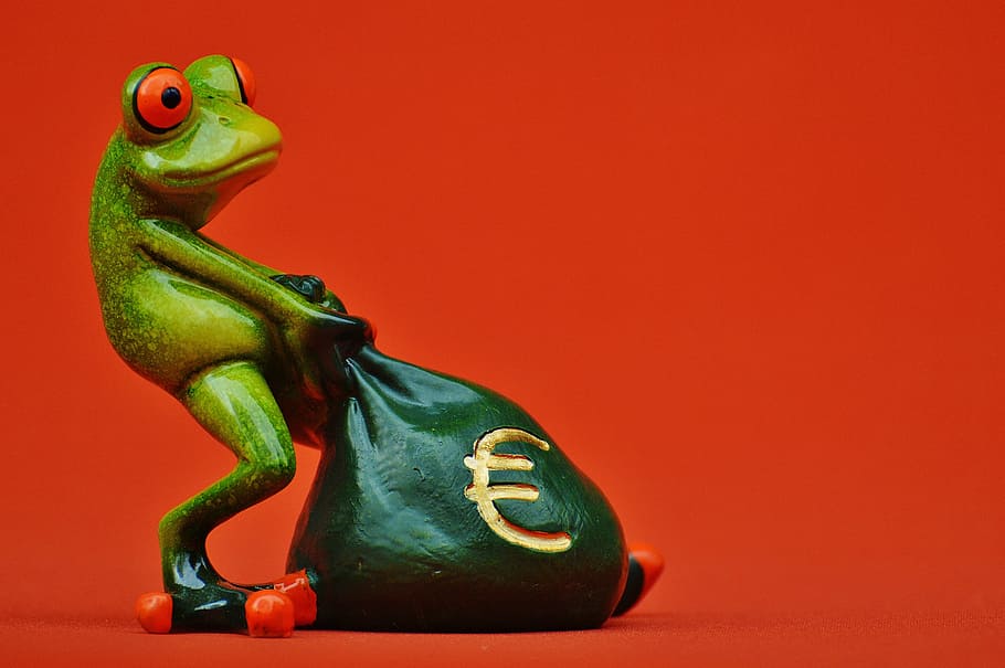 red-eyed tree frog pulling bag figurine, money, euro, money bag, HD wallpaper