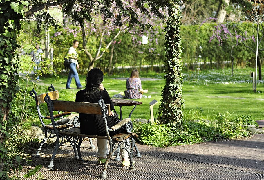 park, pad, spring, nature, green, serenity, plant, sitting HD wallpaper