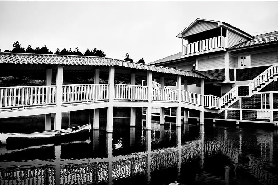 House, White, Architecture, Photo, black, water, reflection HD wallpaper