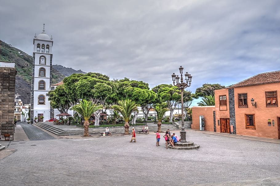 Plaza, Sky, City, Clouds, Spain, Park, tower, europe, sunset HD wallpaper