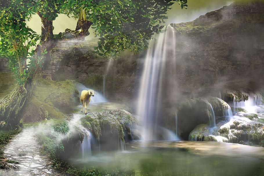 falls in forest surface, digital art, waterfall, nature, green HD wallpaper