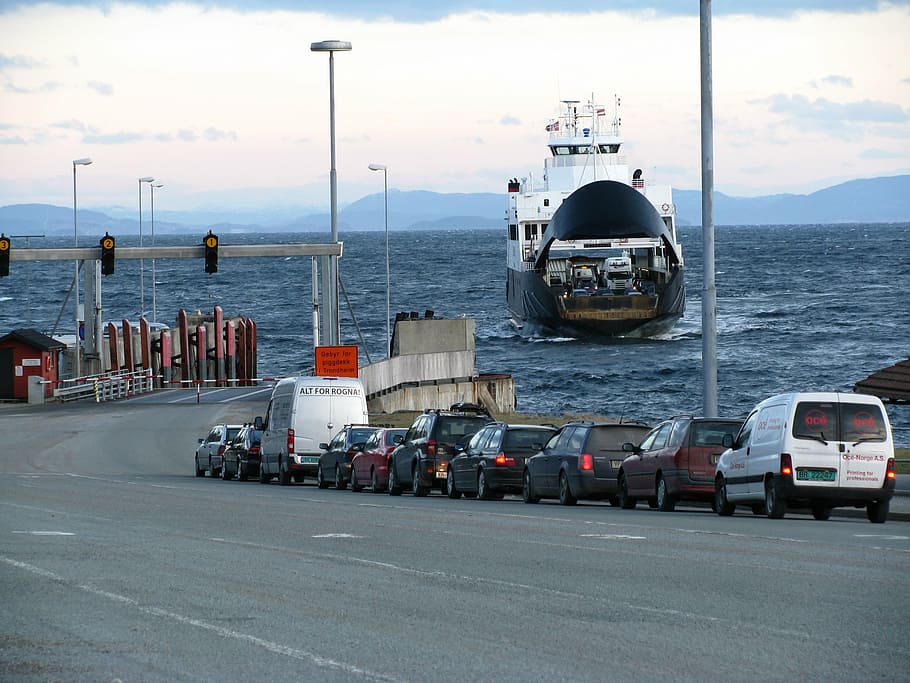 ferry, wait, queue, car, boat, travel, rørvik, trondheim norway HD wallpaper