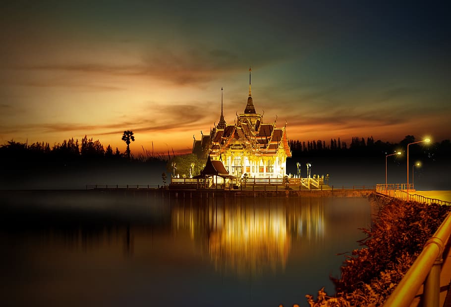 Castle in middle of lake during sunset, ancient, architecture