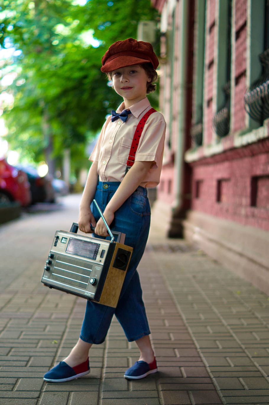 girl carrying radio, boy, retro, vintage, hat, kids, classic