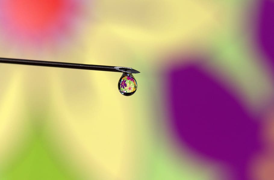 drop, water, reflection, coloring, macro, close-up, focus on foreground HD wallpaper