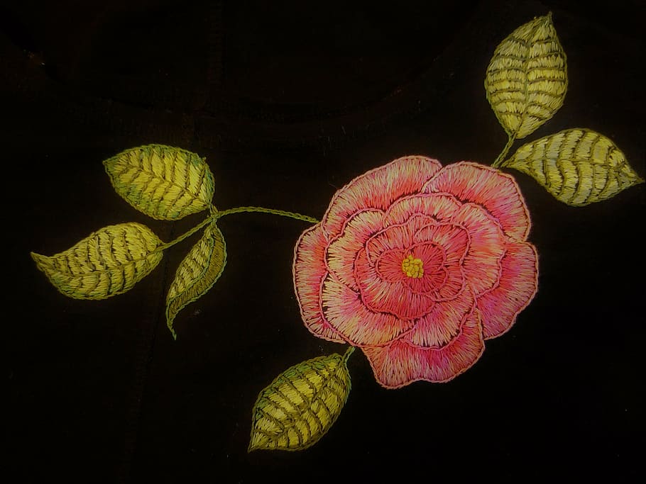 embroidery, stitching, rose, needlework, mulina, flower, leaf HD wallpaper