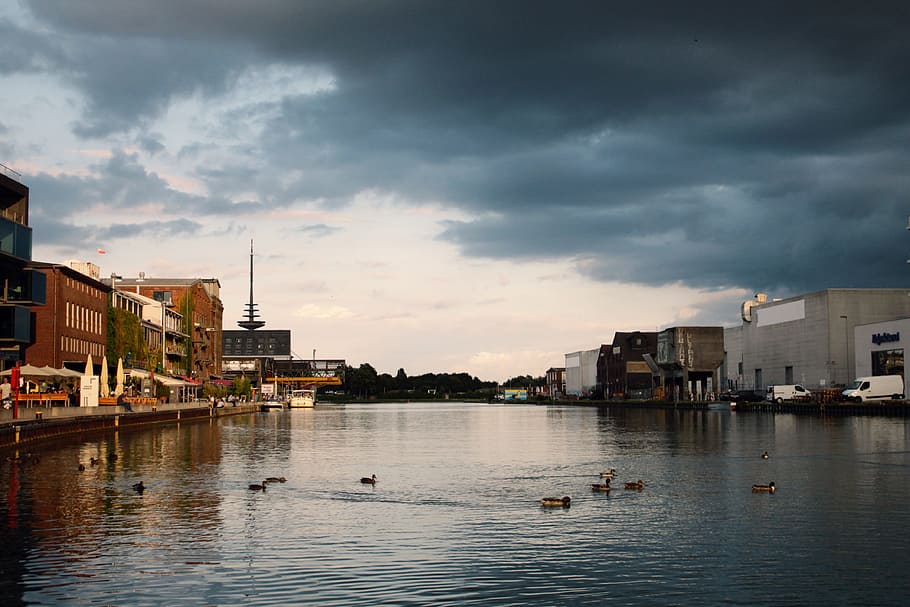 Port, Water, dramatic sky, evening sky, blue, architecture HD wallpaper