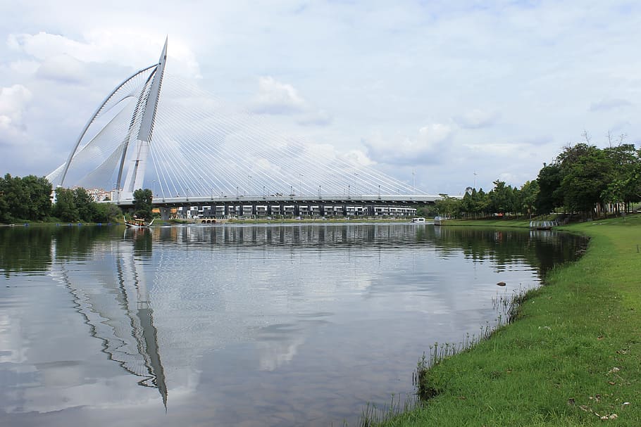 bridge, river, reflection, water, landmark, malaysia, tourism HD wallpaper