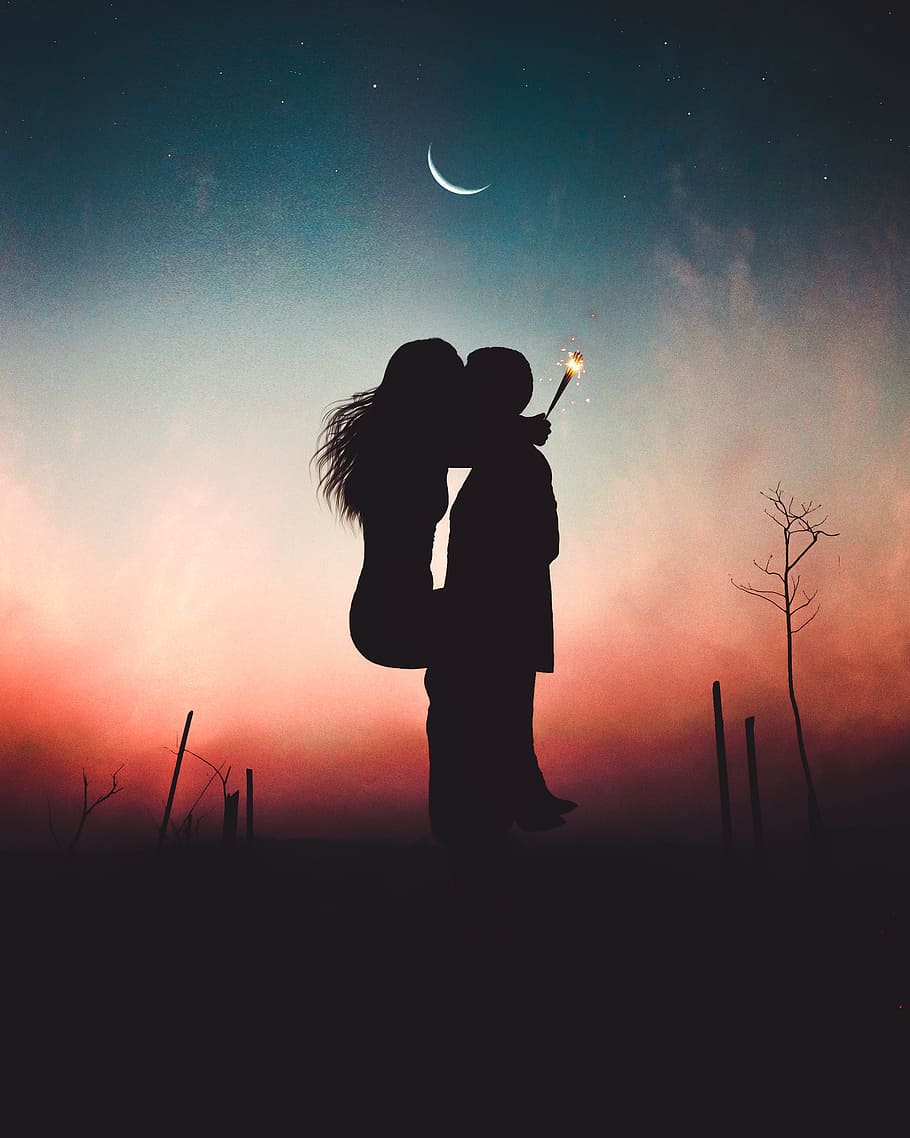 light, dawn, sky, man, affection, art, backlit, couple, crescent moon, HD wallpaper