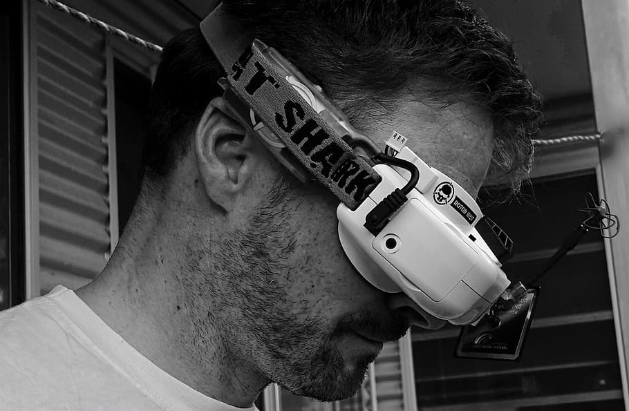 grayscale photo of man wearing FPV drone goggles, Headset, Flight HD wallpaper