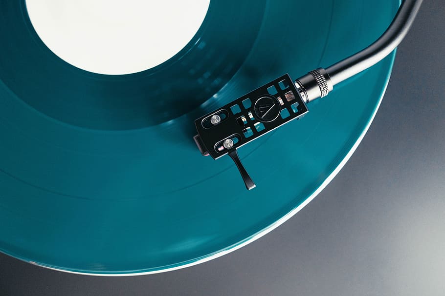 blue-green vinyl player, turntable, record, album, music, technology