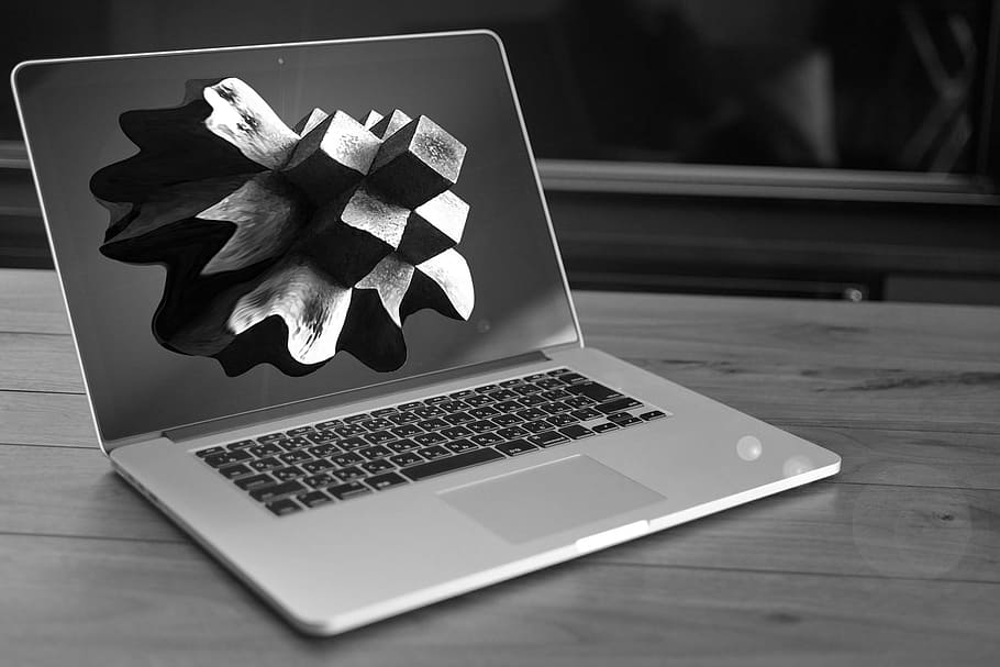 grayscale laptop computer on desk, cube, black and white, mac HD wallpaper