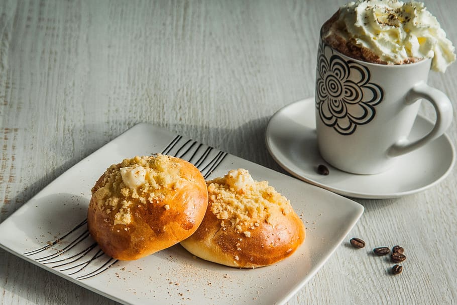 breakfast, bun, coffee, mug, food and drink, eating utensil HD wallpaper