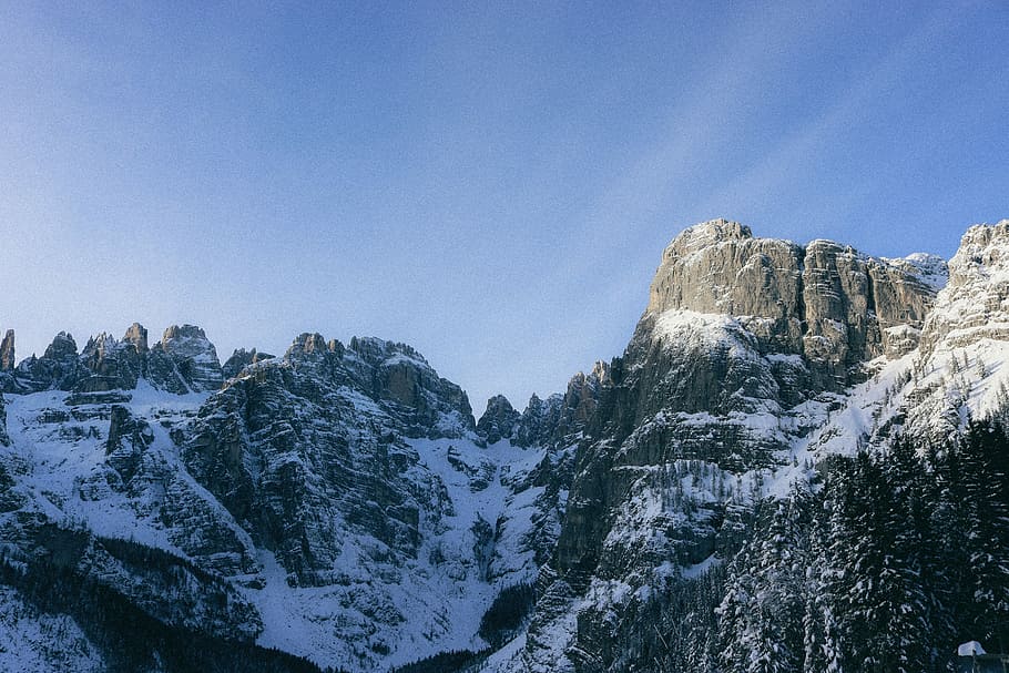 snow covered mountain peak during daytime, gray mountain with snow cover HD wallpaper