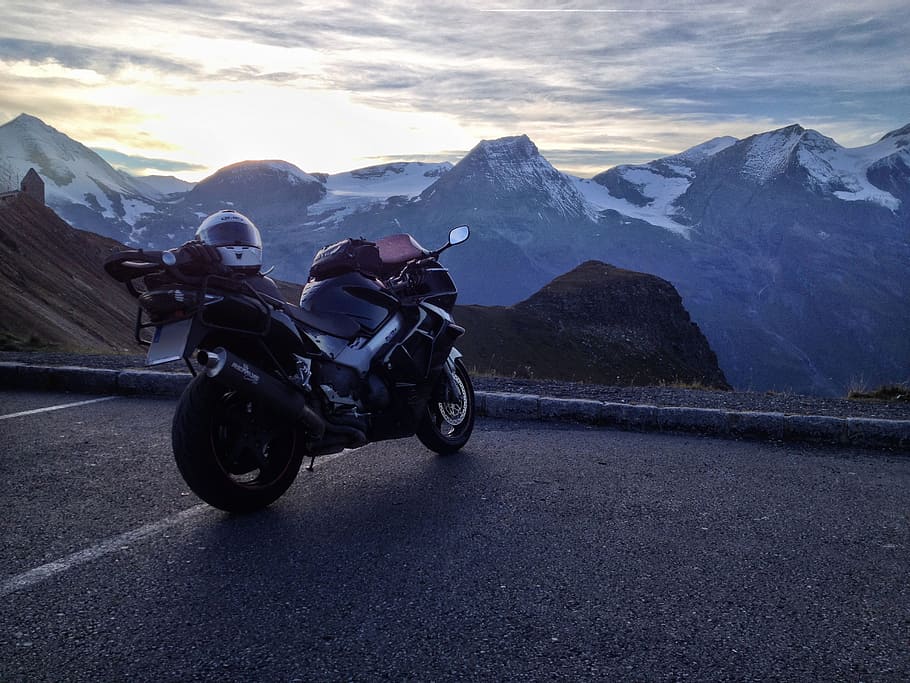 grossglockner, motorcycle, sunset, mountains, vehicle, racing HD wallpaper