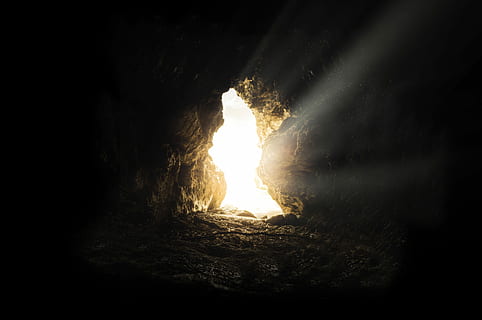 sun rays inside cave, cave opening, sunlight, shadow, bright HD wallpaper