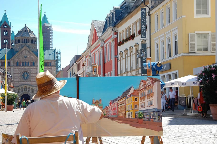 man in white shirt painting buildings, speyer, painter, image in the image HD wallpaper