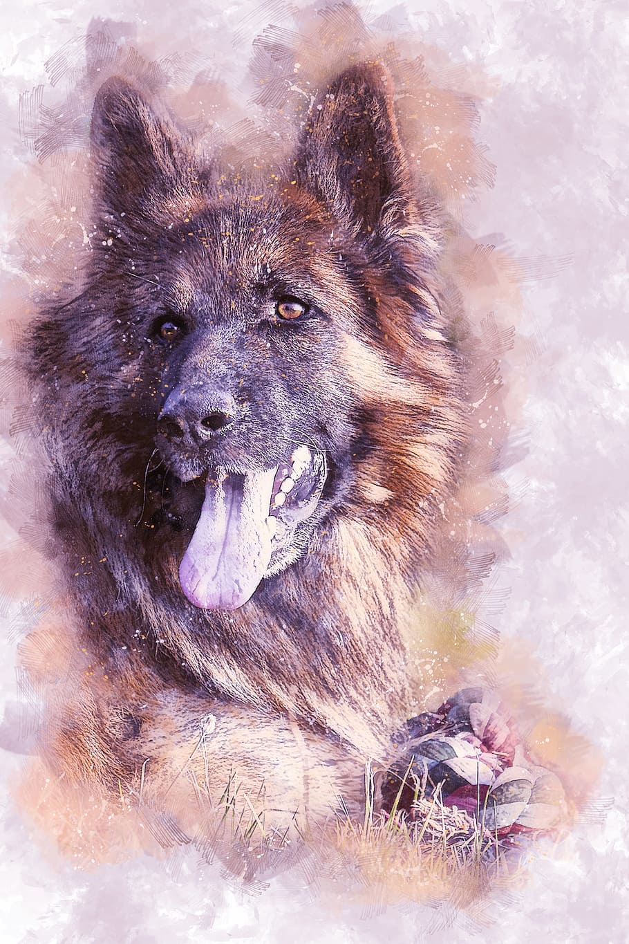 black and tan German shepherd painting, dog, animal, meadow, grass, HD wallpaper