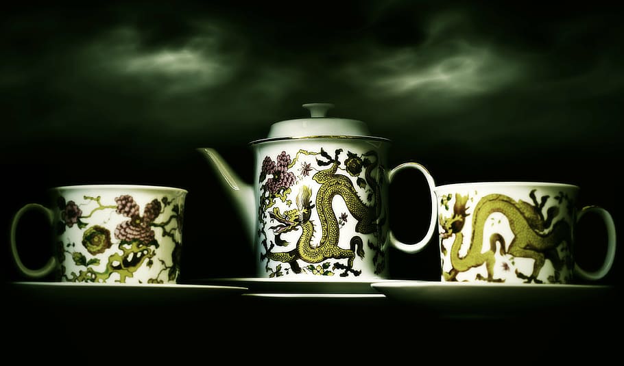 white, maroon, and brown dragon-printed teaset, chinese, vase, HD wallpaper