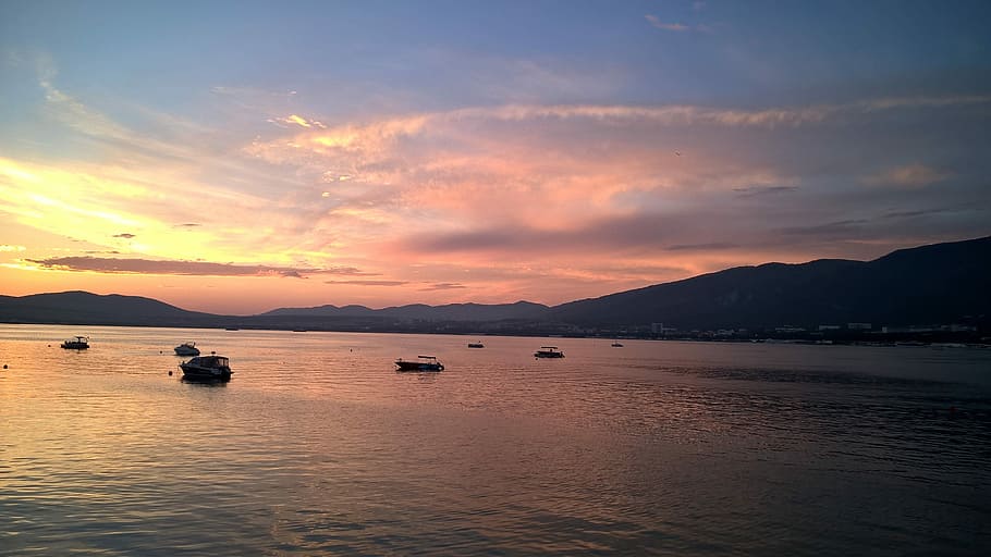 Sea, Sunset, Mountains, Clouds, sky, water, nature, dusk, scenics HD wallpaper