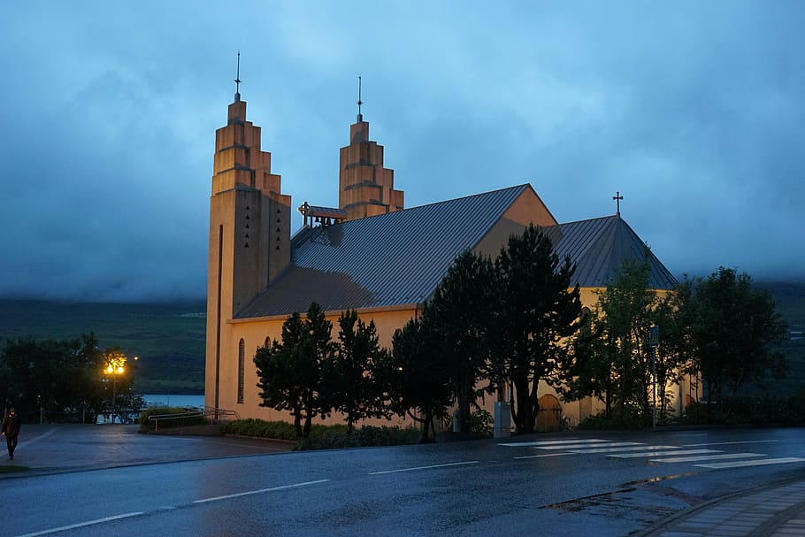 akureyri, church, iceland, abendstimmung, illuminated, architecture, HD wallpaper
