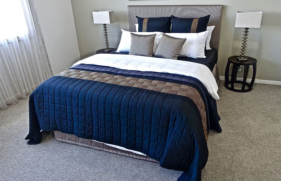 HD wallpaper: blue mattress and gray bed frame, bedroom, pillows, design, modern - Wallpaper Flare