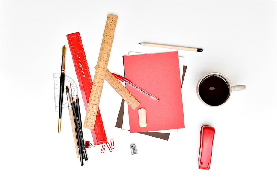 art kit near white mug filled with coffee, desk, stationery, office, HD wallpaper