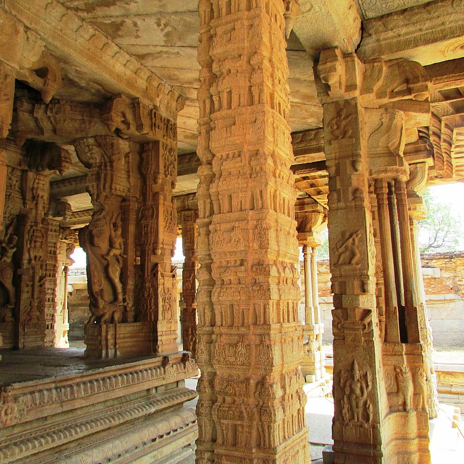 pillars, sculpture, stone pillars, hampi, india, landmark, culture, HD wallpaper