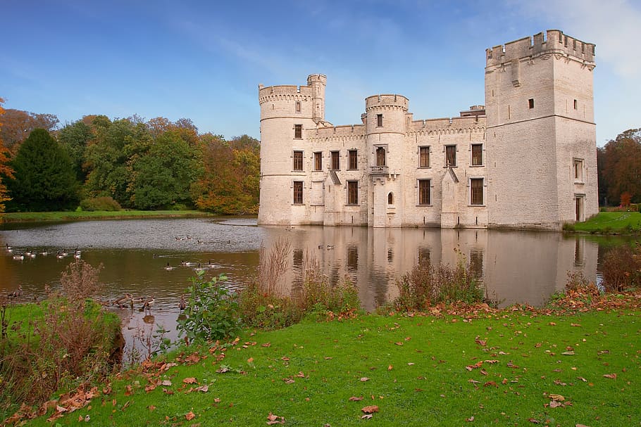 park, castle, pond, green, water, landscape, nature, autumn HD wallpaper