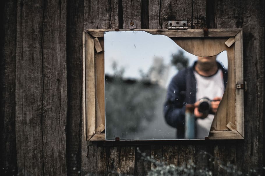 rectangular brown wooden framed mirror, person, camera, reflection HD wallpaper