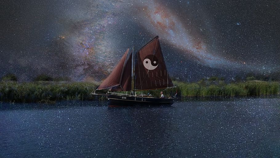 brown and black sailboat on calm body of water with yin-yang sign during night, HD wallpaper