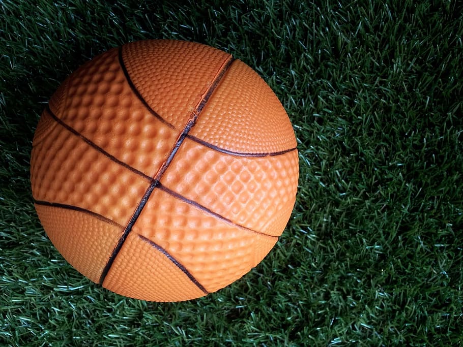 brown basketball on green grass field, Basketballs, Round, Orange