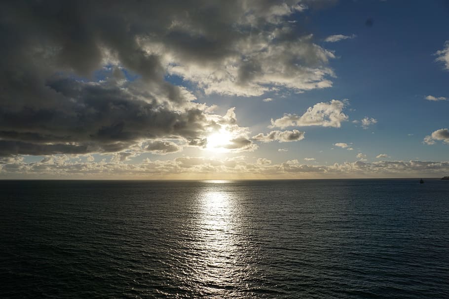 Sky, Light, Clouds, Blue, Ocean, Sun, atlantic, cruise, seafaring, HD wallpaper