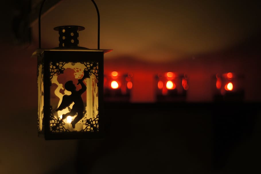 lighted candle lantern, angel, lighting, candles, candlelight, HD wallpaper