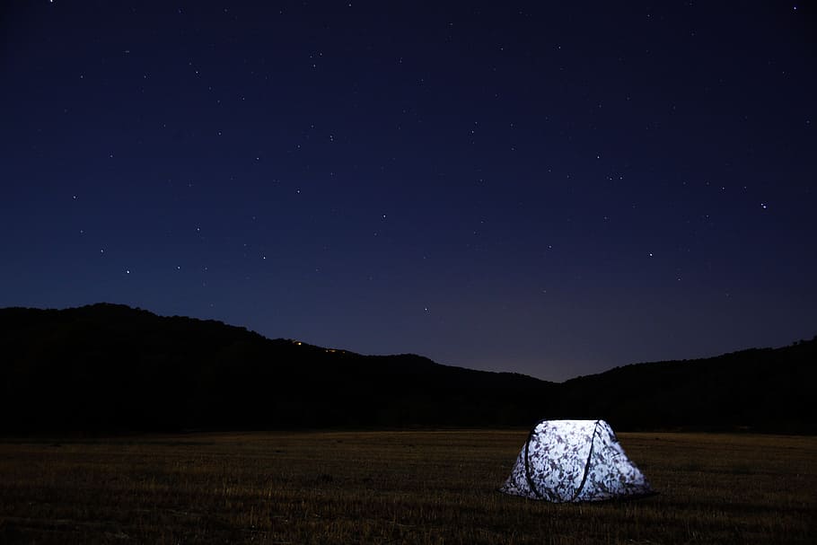 camp, forest, woods, dark, night, star, travel, star - space HD wallpaper