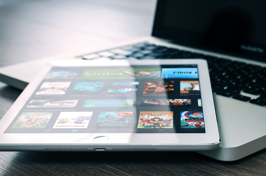 white iPad Pro on MacBook Pro, office, computer, tablet, apple HD wallpaper