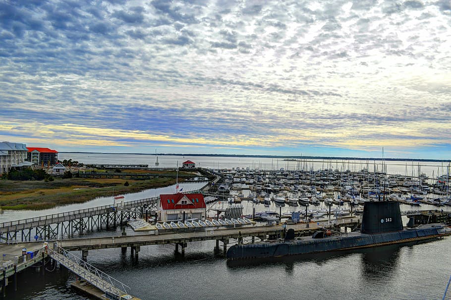 Clouds over the Harbor in Charleston, South Carolina, bay, boats