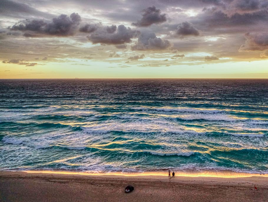 top view of beach wave, cancun, mexico, sunrise, person, people, HD wallpaper