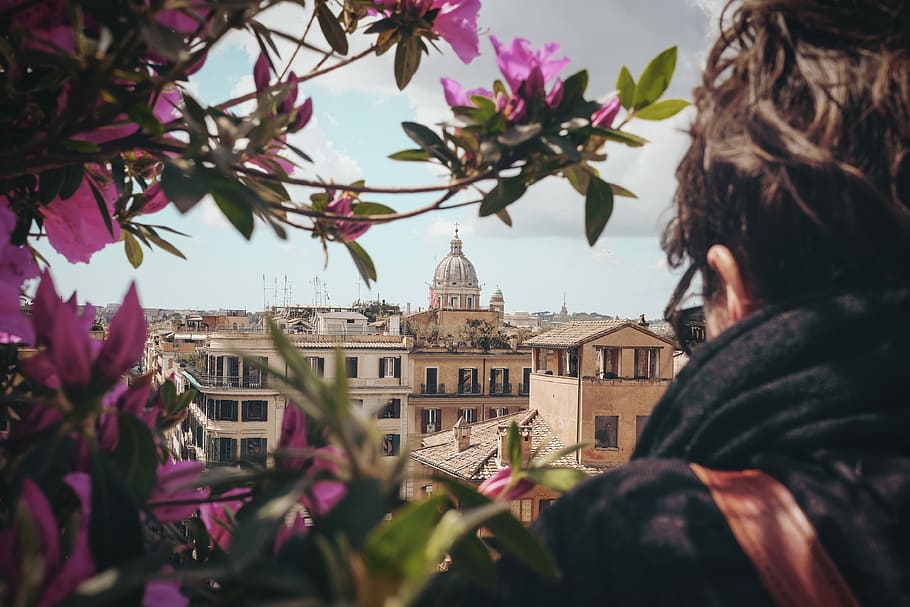 selective focus photography of man facing concrete building during dayitme, person wearing black coat surrounded purple flowers in while watching in front of building, HD wallpaper