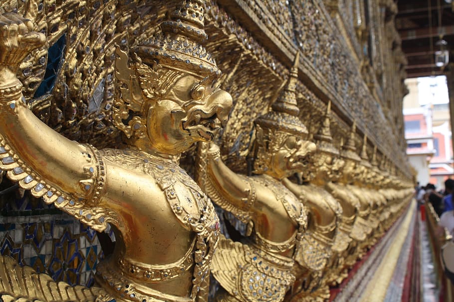 bangkok, big palace, thailand, garuda, sculpture, gold colored, HD wallpaper