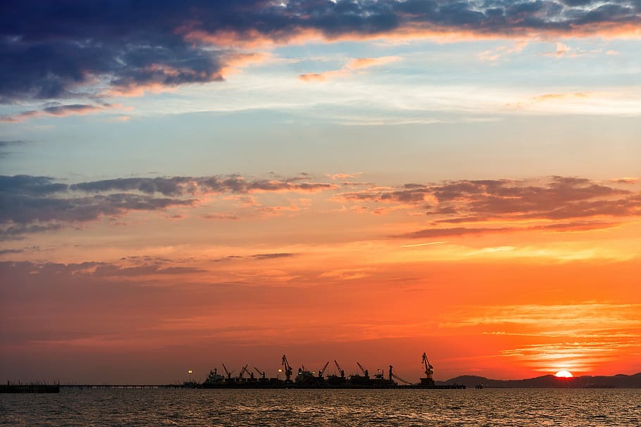 body of water during golden hour, sunset, industry, industrial HD wallpaper
