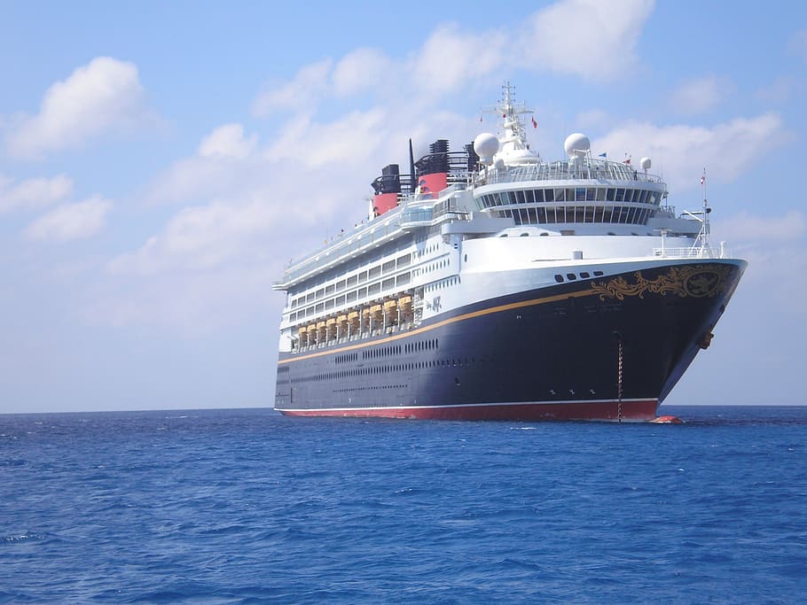 white and black cruise ship, disney, holiday, anchored, cayman island