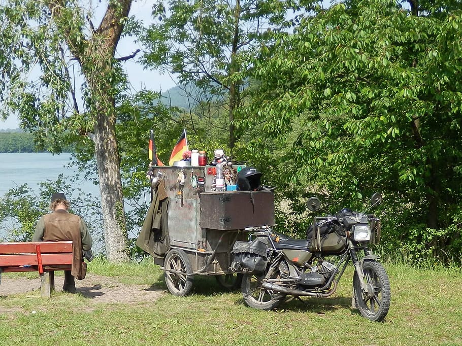 motorcycle, oldtimer, trailers, provisions, stock, break, resting on lake HD wallpaper