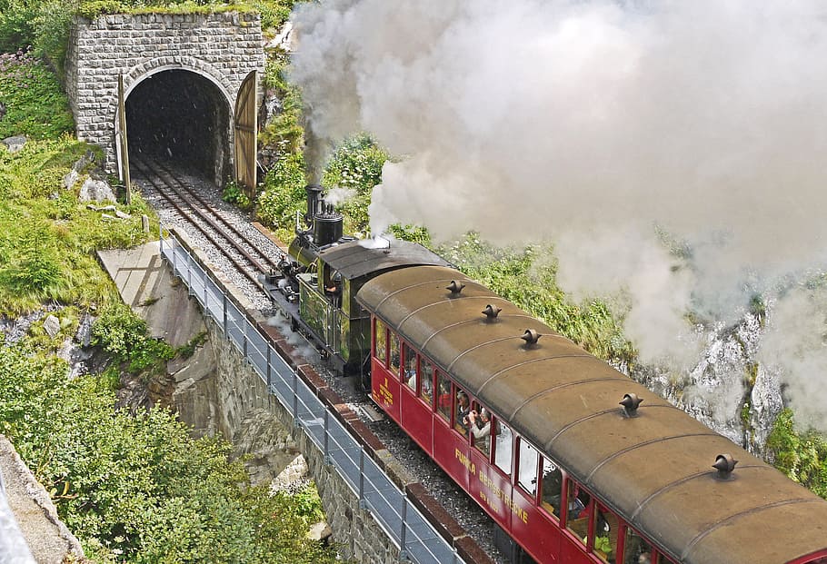 train crossing tunnel, steam railway furka - bergstrecke, gateway, HD wallpaper