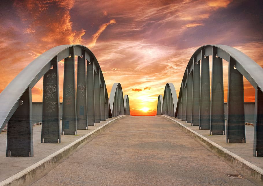 empty arch bridge, sundown, sunset, landscape, landmark, evening HD wallpaper