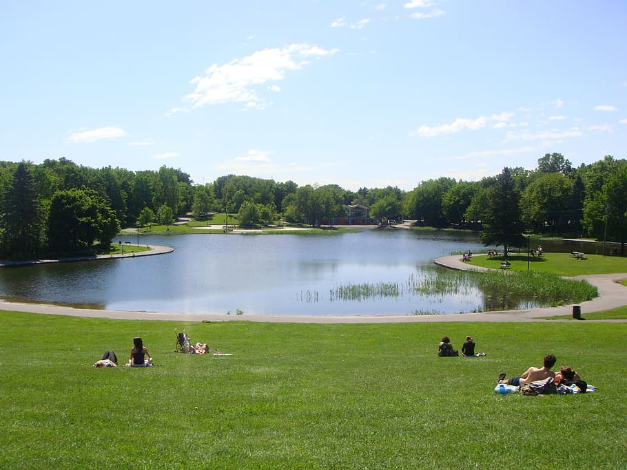 park, canada, lake, plant, tree, water, grass, sky, nature HD wallpaper
