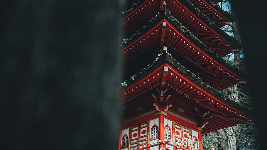Temple, red and black pagola on close-up photography, building HD wallpaper