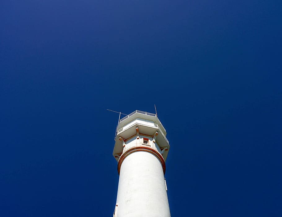 Tower, low angle photography of white lighthouse, blue sky, looking up HD wallpaper