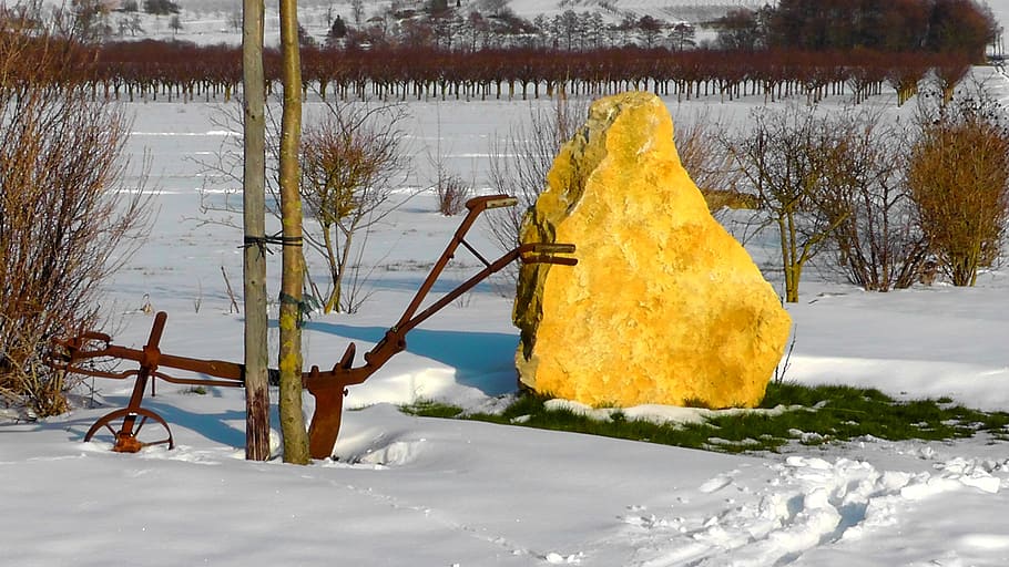 wintry, winter magic, landscape, iron plow, rock, farm, agriculture HD wallpaper