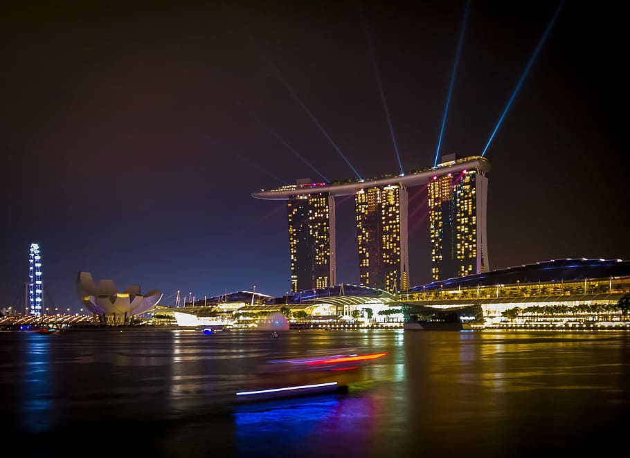 low angle photo of Marina Bay Sands during nightlight, famous Place, HD wallpaper